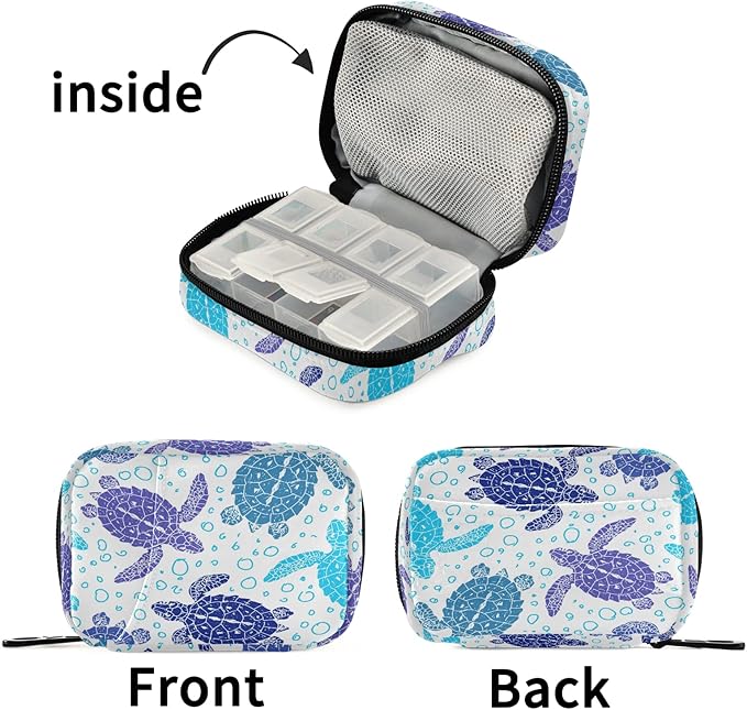 Naanle Vintage Sea Turtle Pill Box 7 Day Pill Case Travel Pill Organizer Bag with Zipper Portable Weekly Case Compact Size for Supplement Vitamin Holder