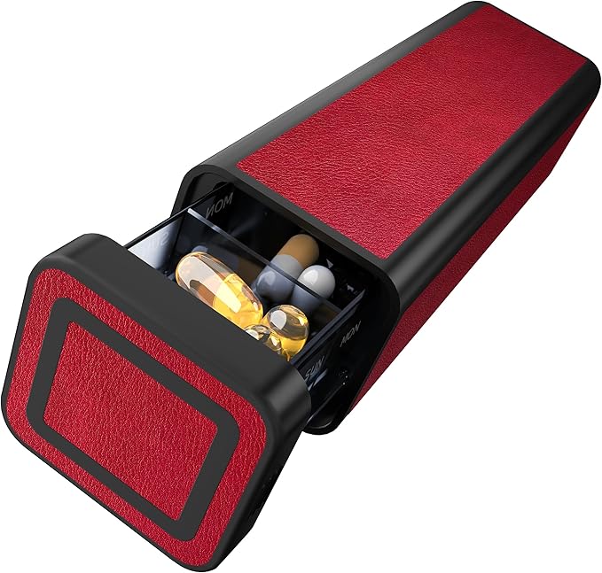 Weekly Pill Organizer 7 Day, Discreet Leather Pill Case for Purse or Pocket, Easy Slide-Out Daily Medication Planner, 1 Time a Day Travel Vitamin and Supplement Holder (Bright Red)