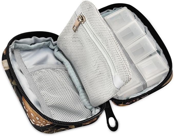 Travel Pill Case Mushrooms Berries Leaf and Bugs Weekly Small Pill Box 7 Day Pill Box Pill Organizer Bag