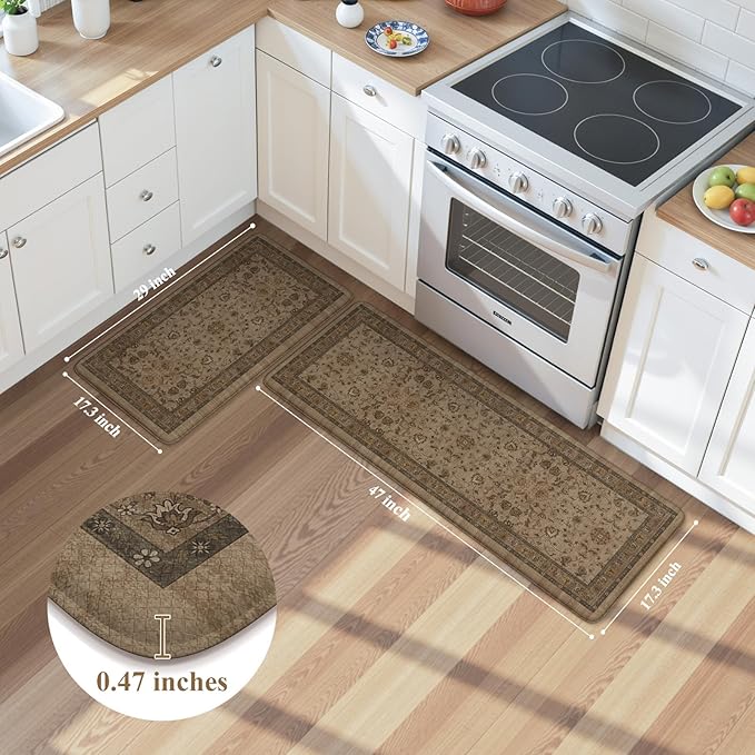 KIMODE Comfort Kitchen Floor Mats Cushioned Anti Fatigue,Boho Farmhouse Rugs for Floor Sets of 2,Memory Foam Ergonomic Kitchen Mat Non Slip for Laundry Office Bathroom Decor,Brown