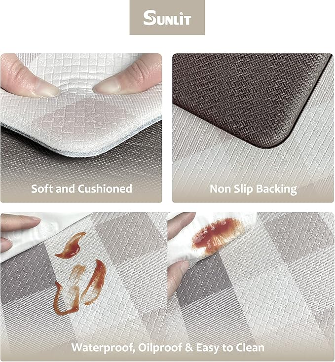 Sunlit Set of 2 Anti Fatigue Kitchen Floor Mat, Non Slip Waterproof Comfort Standing Mat, 0.4Inch Thick Cushioned Farmhouse Kitchen Rug Runner, Buffalo Plaid(Size:17"x28"&17"x47") Light Coffee