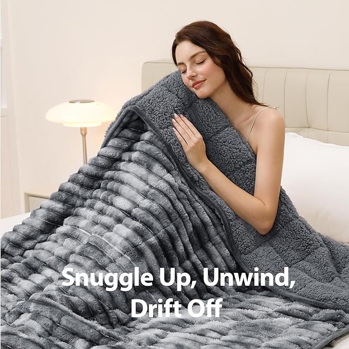 Sherpa Fleece Weighted Blanket with 3D Ribbed Stripes, 15 lbs Soft Flannel Heavy Throw Blanket for Couch Bed Sofa, Heavy Thick Blankets with Glass Beads, Great for Sleep, 48" x 72"