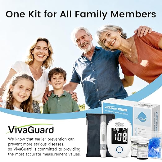 VivaGuard Ino Smart Blood Glucose Monitor Kit with Free App, Bluetooth and Rechargeable Blood Glucose Meter with 100 Strips & 100 Lancets, Travel Portable Blood Sugar Diabetes Testing Kit, No Coding