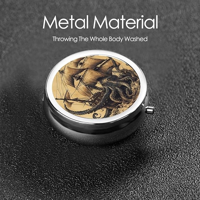 Vinatge Octopus Vessel Ocean Pill Box 3 Compartment Pill Case, Portable Medicine Pill Organizer for Pocket Purse Pill Box Decorative Metal Medicine Vitamin Organizer