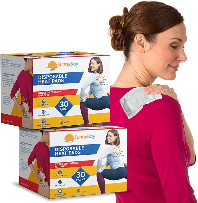 SunnyBay Adhesive Heat Patches for Neck, Knee, and Upper or Lower Back, Air-Activated Heat Pads for Menstrual Cramps, Stiffness, Sprains, and More, Stick to Clothing, 5x3 inches, 60 Count