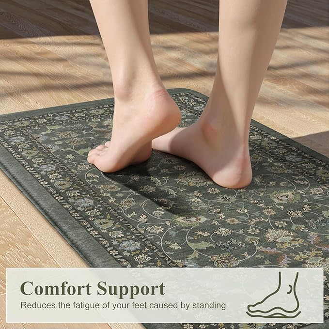 KIMODE Comfort Kitchen Mats for Floor Cushioned Anti Fatigue,Boho Vintage Kitchen Rugs Sets of 2 Non Slip,Memory Foam Kitchen Floor Mat Carpet for Laundry Office Home Decor,Dark Green