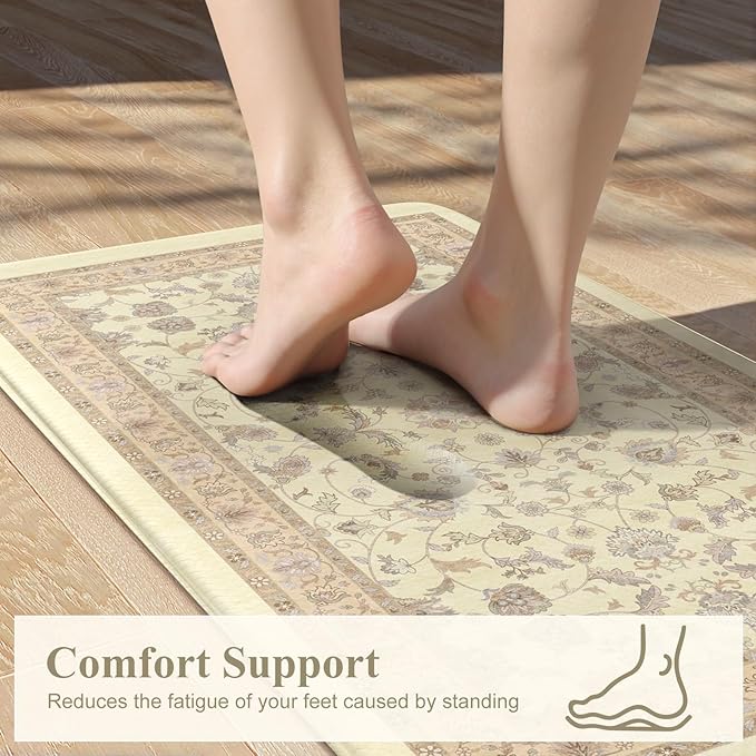 KIMODE Cushioned Padded Kitchen Mats for Floor,Anti Fatigue Memory Foam Kitchen Mat Waterproof,Boho Vintage Kitchen Rugs Sets of 2 Non Slip for Laundry Office Home Decor,Beige