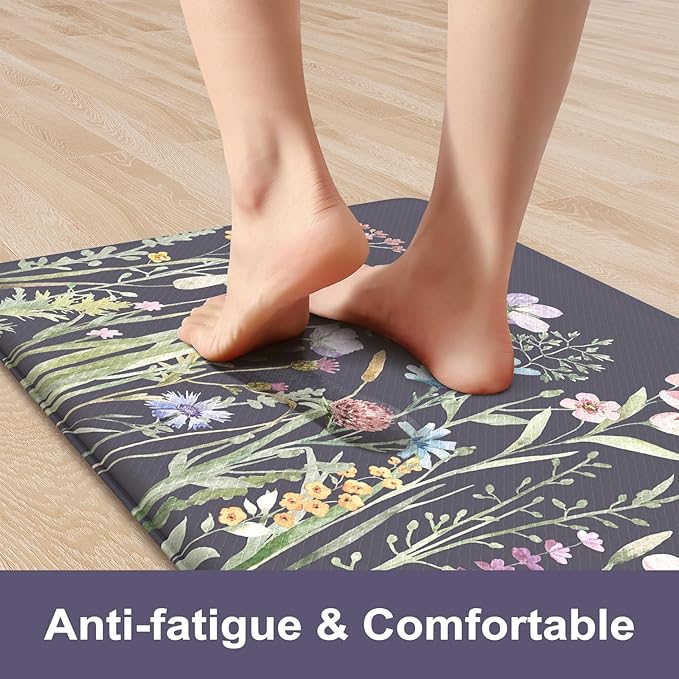 KIMODE Anti Fatigue Kitchen Mat for Floor, 17.3"x29" Farmhouse Kitchen Rug Non Skid, Cushioned Padded Kitchen Floor Mat, Comfort Standing Mat for Laundry, Office, Sink, Desk Dark Grey/Purple