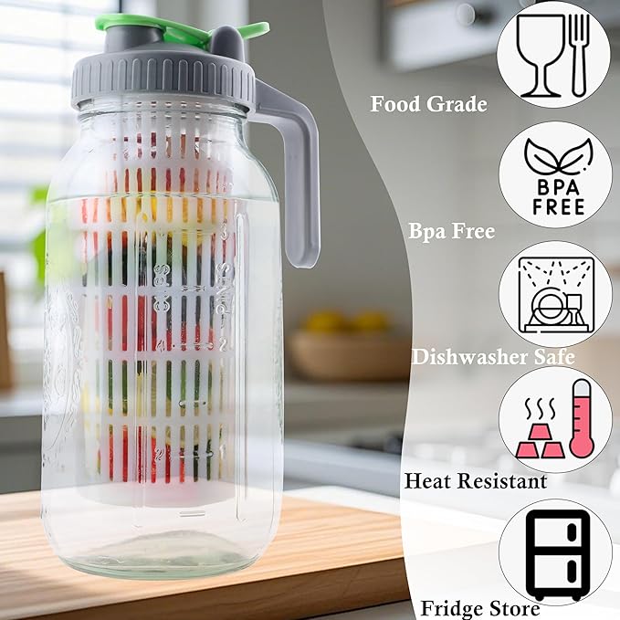 GMCOZY 2 Quart Glass Mason Jar Water Pitcher With Fruit Infuser 64 Oz Wide Mouth Infused Cold Hot Water Jug Carafe With Lid Half Gallon For Coffee Sun Tea Lemonade Juice Homemade Drinks Container