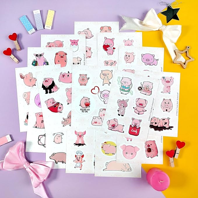 BulbaCraft 100Pcs Pig Stickers and Decals, Piggy Stickers for Water Bottle and Laptop, Gifts for Women & Men