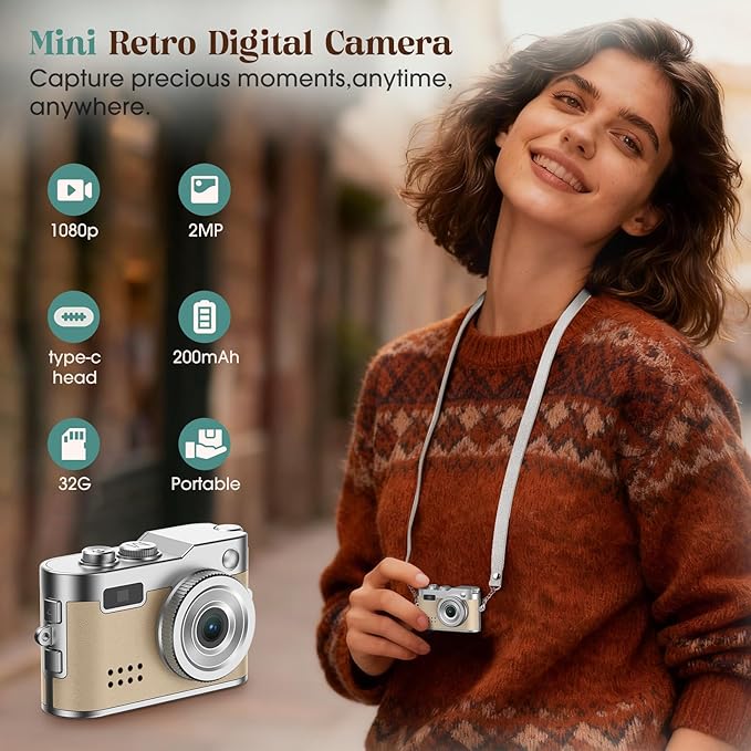 Mini Digital Camera, Keychain Camera 1080P HD with 2MP Lens, Flash, Video Recording, 32G Card Included, Portable and Compact Retro Vlog Camera for Travel, Kids, Beige