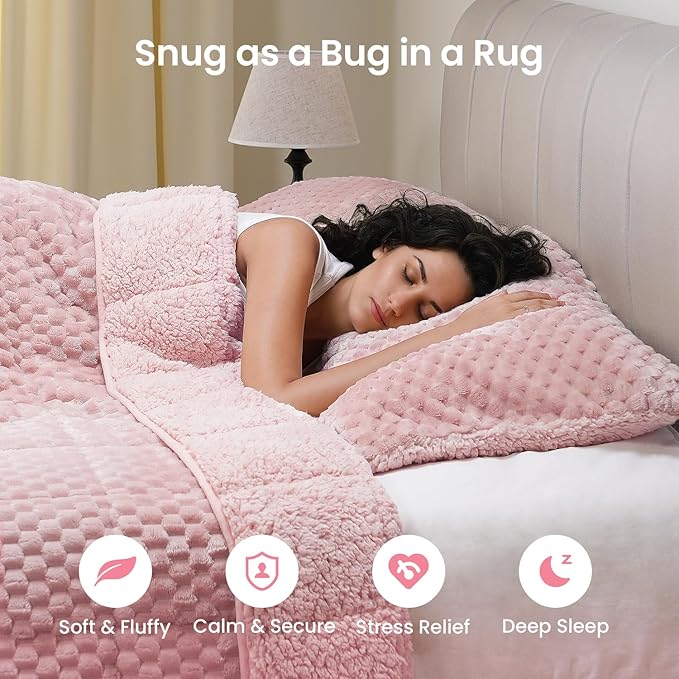 Drewin Queen Size 20 lbs Weighted Blanket for Adults, Soft Fuzzy Jacquard Sherpa Weighted Blankets for Sleeping, Cozy Sofa Bed Blanket for Winter, Pink, 60 x 80 inches