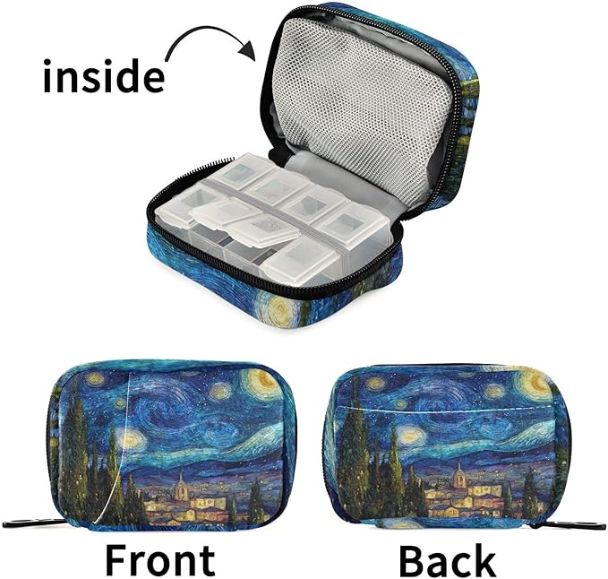 Starry Night Pill Organizer Case Oil Painting 7 Day Travel Pill Box with Zipper Portable Weekly Vitamin Medicine Supplement Holder Pouch Bag