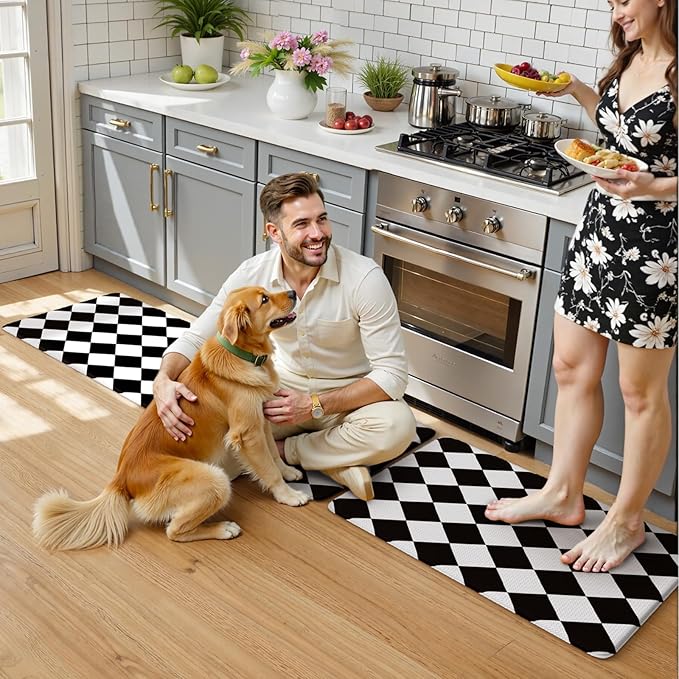 KIMODE Farmhouse Kitchen Rugs, Anti-Fatigue Kitchen Mats, Non-Slip, Cushioned Standing Mat, 17"x47"+17"x29", Black Diamond Check