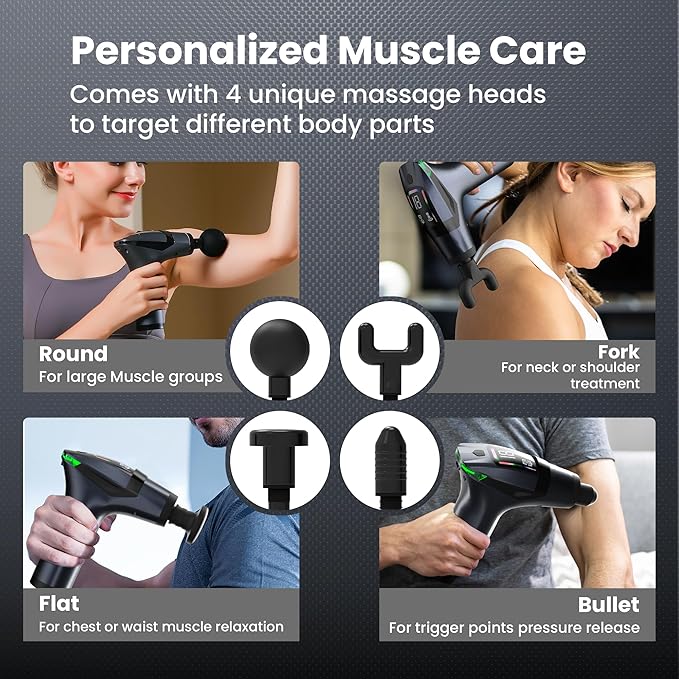 Detachable 3-in-1 Massage Gun with Extension Handle & Massage Strap, Back Pain Relief Percussion Muscle Massager for Neck Shoulder, 12 Speeds &12mm Amplitude for Hard-to-Reach Areas, Quiet & Portable