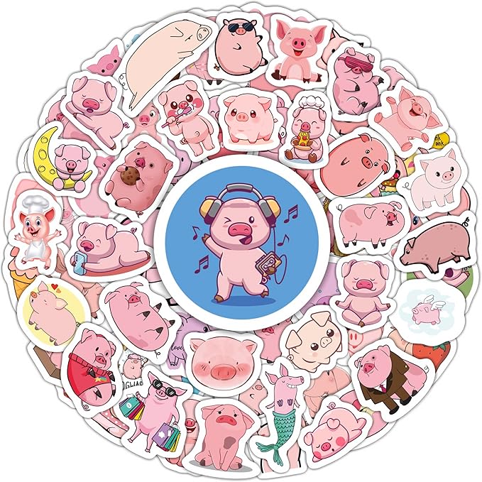 BulbaCraft 100Pcs Pig Stickers and Decals, Piggy Stickers for Water Bottle and Laptop, Gifts for Women & Men