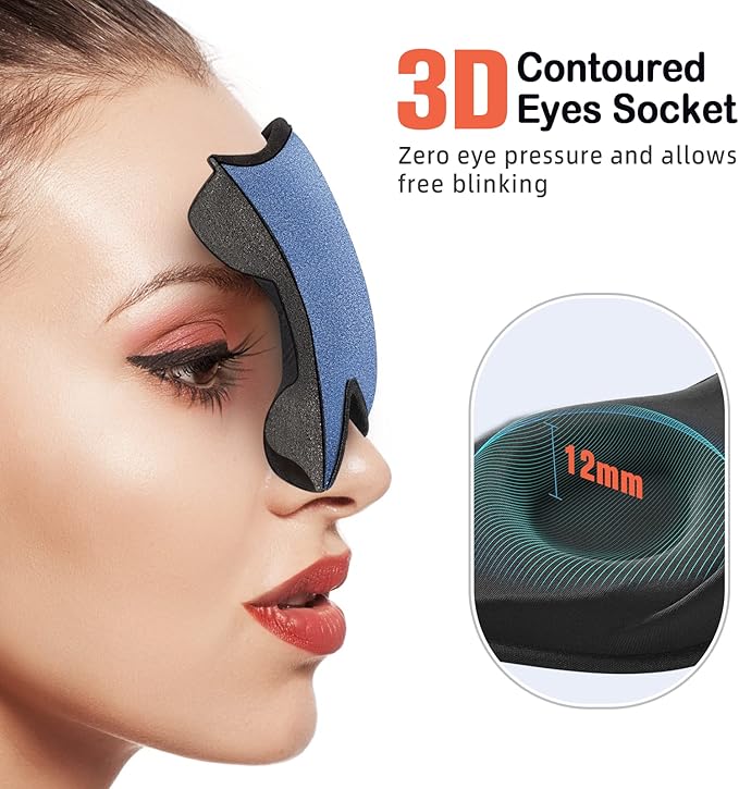 Sleep Mask (Black) + Eye Mask Sleeping (Blue) for Women Men Side Sleeper, Light Blocking 3D Contoured Cup Sleeping Mask, Soft Breathable Sleep Eye Mask with Adjustable Elastic Strap