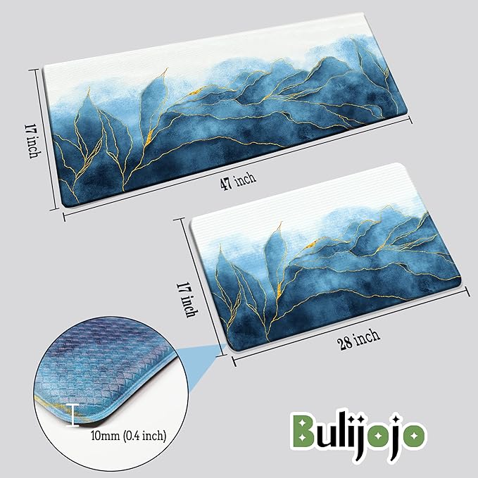 Bulijojo Anti Fatigue Kitchen Floor Mats Set of 2 Waterproof Kitchen Sink Runner Rug Standing Mat Cushioned Kitchen Rugs Comfort Doormat 17"x47"+17"x28" (Navy Blue)