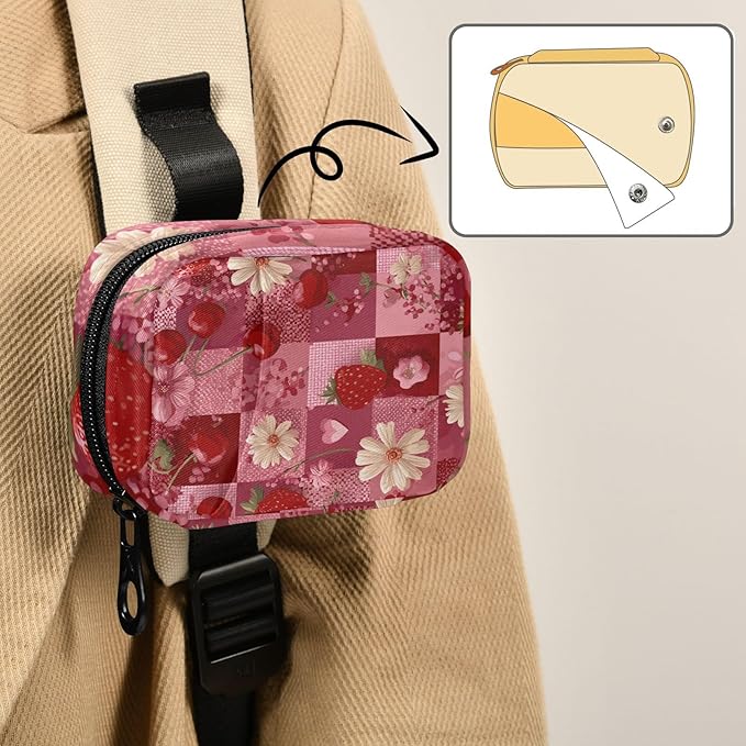 Red Checkered Floral Cherry Strawberry Travel Pill Organizer Case Box Container Weekly Portable Vitamin Medicine Holder Storage Bag with Zipper Removable
