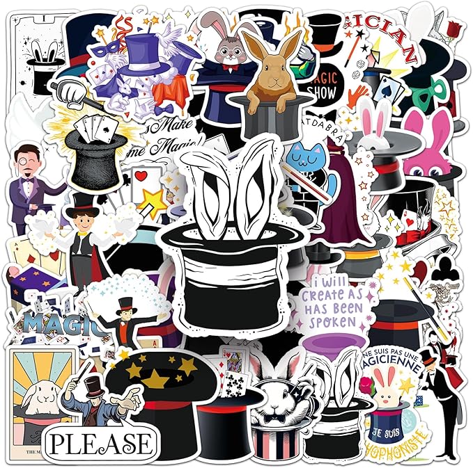 53pcs Magician Stickers, Waterproof Vinyl Stickers with Rabbit, Poker, Hat & Magic Wand Patterns, Suitable for Kids & Adults, Decor for Laptop, Phone