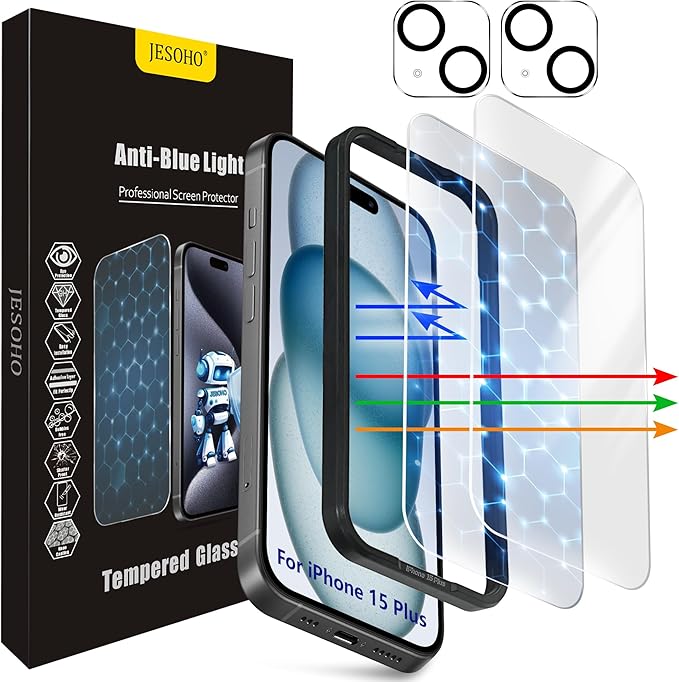 Blue Light Screen Protector for iPhone 15 Plus [6.7 Inch],2 pcs Colorless Anti-Blue Light Tempered Glass Films, HD Clear, 9H Hardness, No Bubbles, Case Friendly with 2 pcs Camera Lens Protector