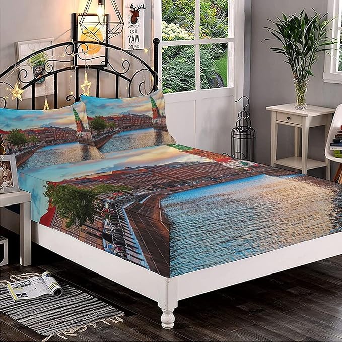 Decorative Bedding Sheet Set Twin XL Size, European Deep Pockets Fitted Sheet & 2 Pillow Sham Set, Scenic Summer View at Sunset Copenhagen Denmark Print Microfiber 3pc Bed Sheets Set