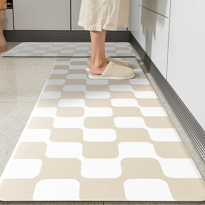 Cream Retro Curvy Checkered Grid Checkerboard Kitchen Rug Sets [2 PCs], Anti-Fatigue, Waterproof Non-Slip Kitchen Mats Heavy Duty Comfort Foam Rug for Floor, Home, Laundry,17"x29"+17"x47"