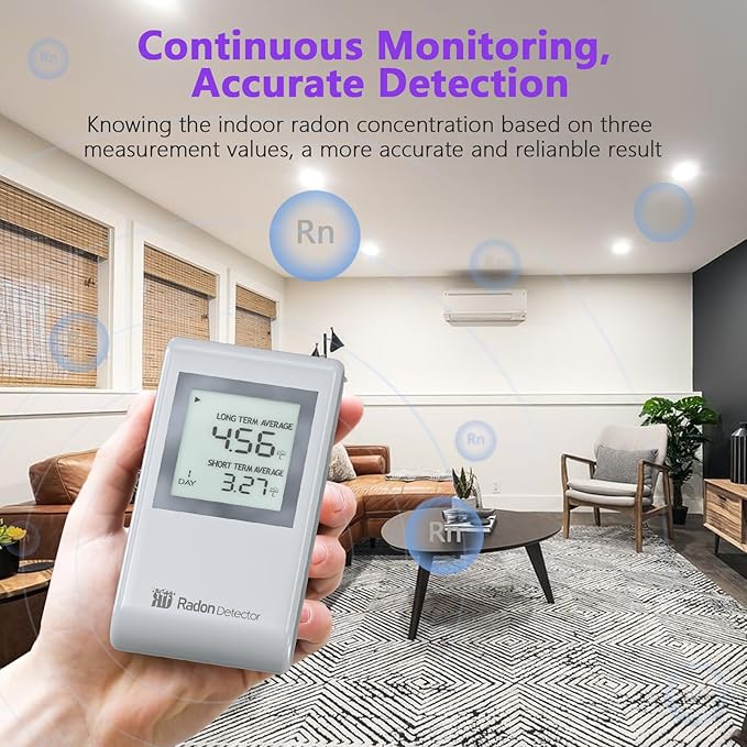 Home Radon Detector with Bracket，Portable Radon Test Kit for Home with Long and Short Term Radon Monitoring, Lightweight, Easy-to-Use, AAA Battery-Powered USA Version, PCi/L