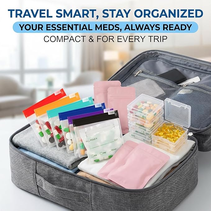 114PCS Travel Pill Organizer - RAINFLOW Bpa Free Pill Bags for Travel, Pack of 50 Clear Label Writing Baggies 50 Mylar Bags 7 Colors Small Ziplock Bag 7 Pill Box AM PM Supplements Baggies