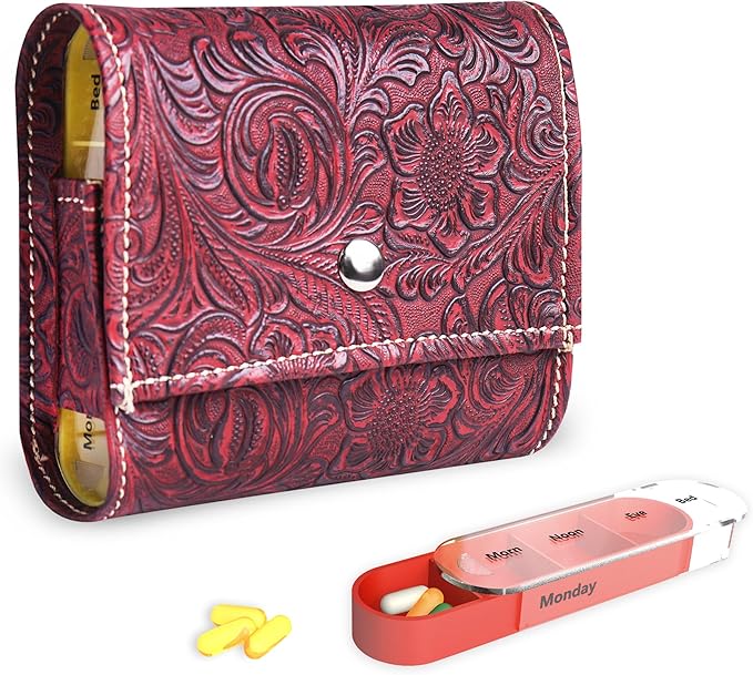 Pill Organizer,LIZIMANDU Weekly Travel Pill Case Box Medication Reminder Daily AM PM, Day Night 7 Compartments,for 4 Times A Day, 7 Days a Week-Includes Leather PU Carrying Case(1-Carved Red)