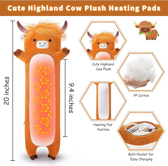 Highland Cow Heating Pad for Period Cramps and Menstrual Pain Relief,USB Heating Pad Stuffed Animals-20” Electric Plush Heated,Cute Portable Electric Plushies Gifts for Women Teens Girls