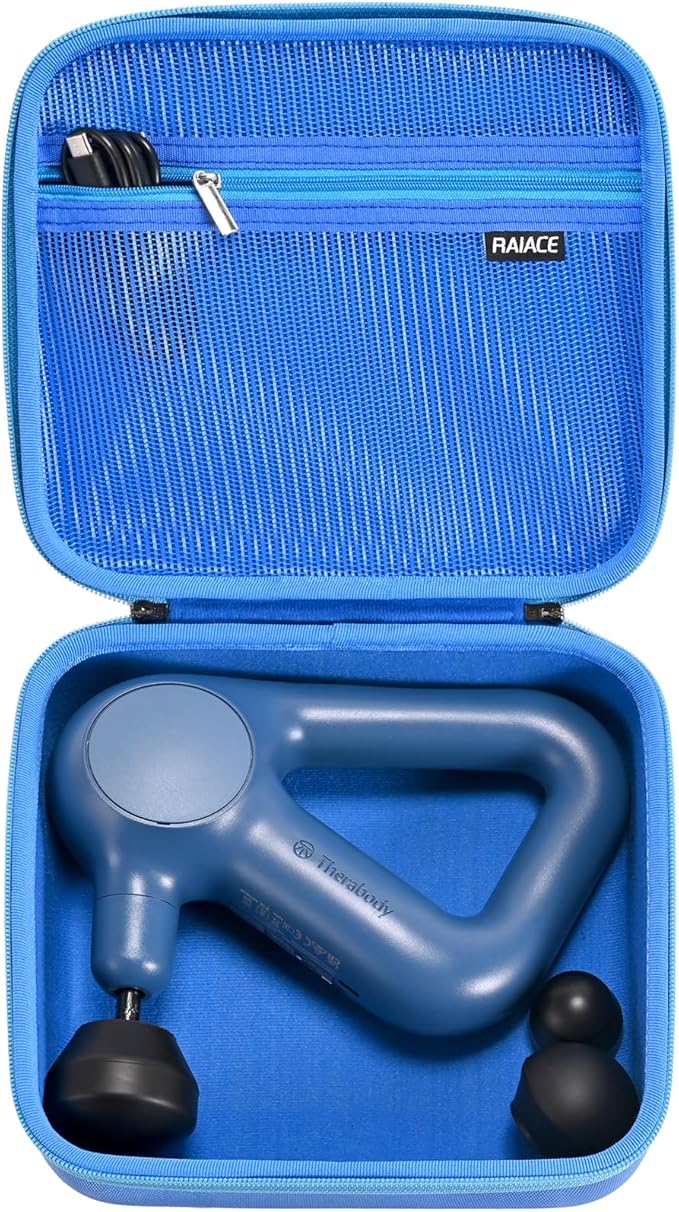 RAIACE Massage Gun Case, Hard Travel Storage Case Compatible with TheraGun Relief Percussion Massage Gun Device, Carrying Bag with Mesh Pocket for Cables and Other Accessories. (Case Only) - Blue