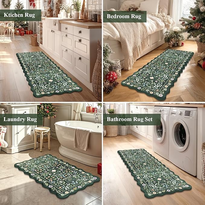 Yamaziot Anti Fatigue Kitchen Rugs Set of 3 - Boho Non Slip Waterproof Kitchen Mats for Floor, Boho Runner Rug for Kitchen Floor, Laundry, Office, 17.3"x29"+17.3"x35"+17.3"x47", Green & Black