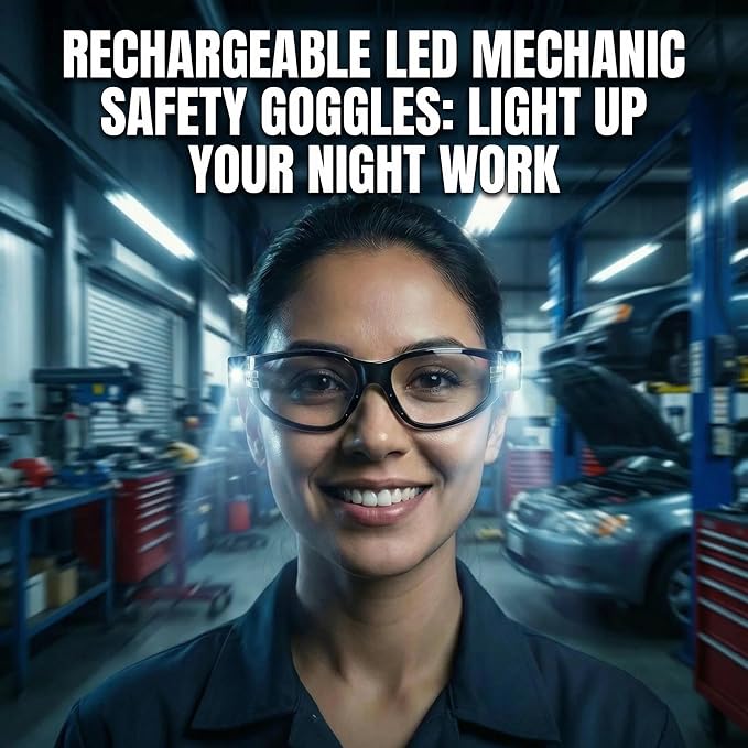 Rechargeable LED Safety Glasses for Mechanics | Ultra-Bright Built-in Work Light, Anti-Fog Clear Lenses | for Auto Repair, Under-Hood & Dark Workspaces