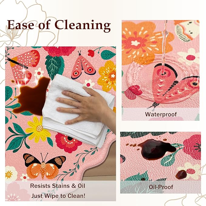 Scalloped Pink Valentines Kitchen Mats for Floor 2PC Cushioned Anti Fatigue Kitchen Mats Rugs Waterproof Non Slip Farmhouse Boho Floral Comfort Foam Standing Mat for Sink Laundry