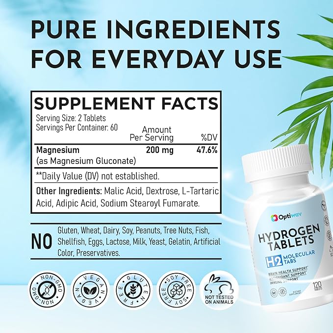Hydrogen Tablets for Drinking Water - H2 Molecular Tabs with Magnesium for Instant Hydrogenated Drink Healthy Aging Immunity Antioxidant Cognitive & Brain Health Support - Non-GMO Gluten-Free