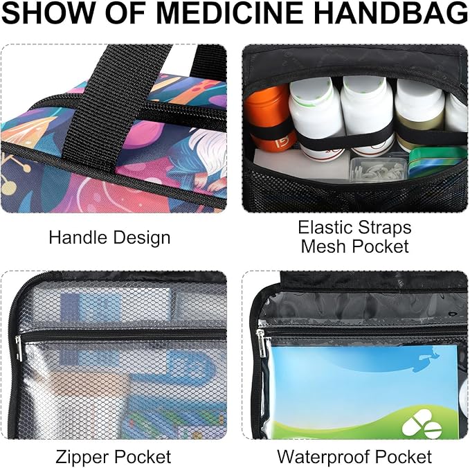 Fustylead Vibrant Magical Gnome and Pink Mushroom Travel Pill Bottle Organizer Large Home Storage Medication Bag with Zipper for Vitamins, First Aid, Fish Oil, Medical Supplies