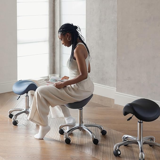 Ergonomic Saddle Stool, Adjustable Pneumatic Swivel Rolling Saddle Seat with Wheels for Hygienic, SPA, Salon, Home and Office, Haku 506 Series