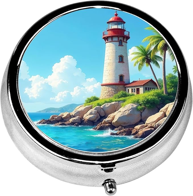 Pill Box, 3 Compartments Small Pill Case Travel Portable Metal Medicine Box with Mirror Mini Container for Purse Pocket Women Men（Lighthouse）