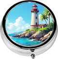 Pill Box, 3 Compartments Small Pill Case Travel Portable Metal Medicine Box with Mirror Mini Container for Purse Pocket Women Men（Lighthouse）