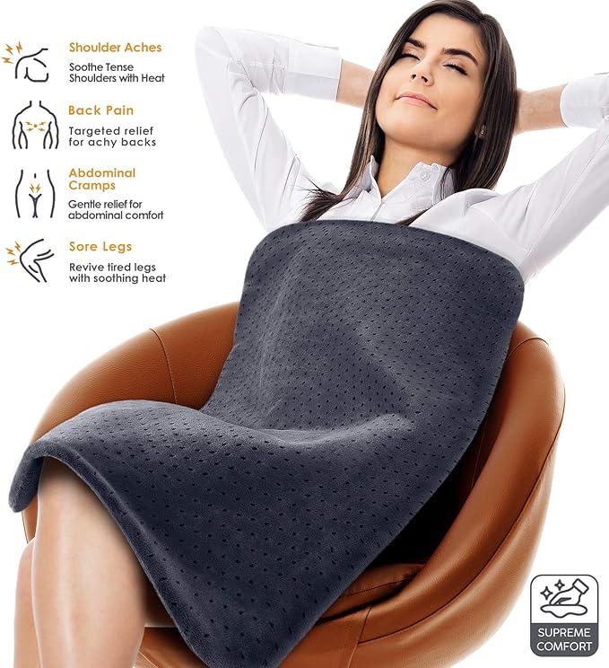 Heating Pad for Back Pain Relief, 33"x17" Electric Heating Pad for Shoulder, Neck, Cramp, Menstrual Pain, Christmas Gifts for Women Men Mom Dad - 6 Heat Settings and Auto-Off, Moist/Dry Heat pad, Gray