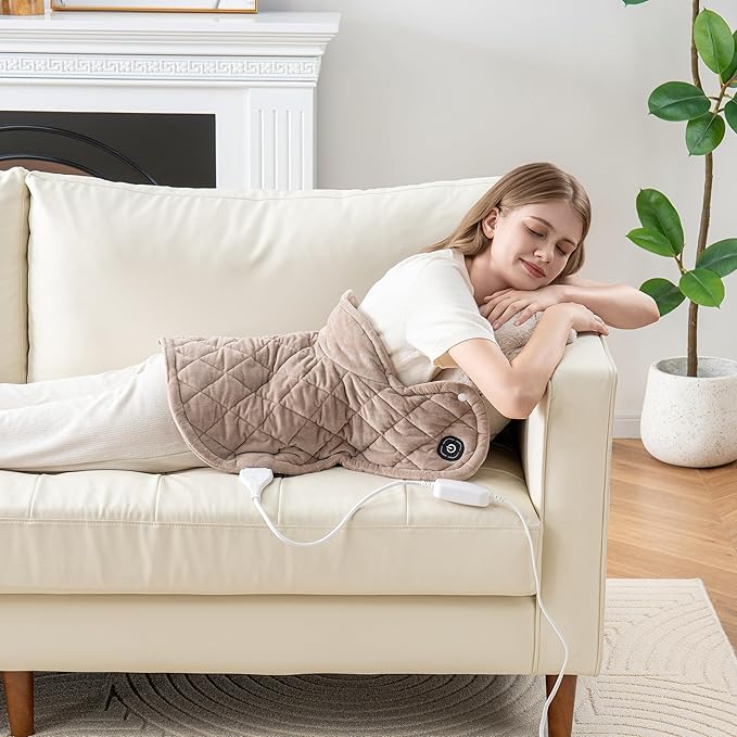 Berkshire Weighted Heating Pad – Faux Suede Fleece Electric Heat Pad for Neck, Shoulder & Back Pain Relief, 4 Heat Settings, Auto Shut-Off, Therapeutic Warmth, Chino, 23" x 15.3"