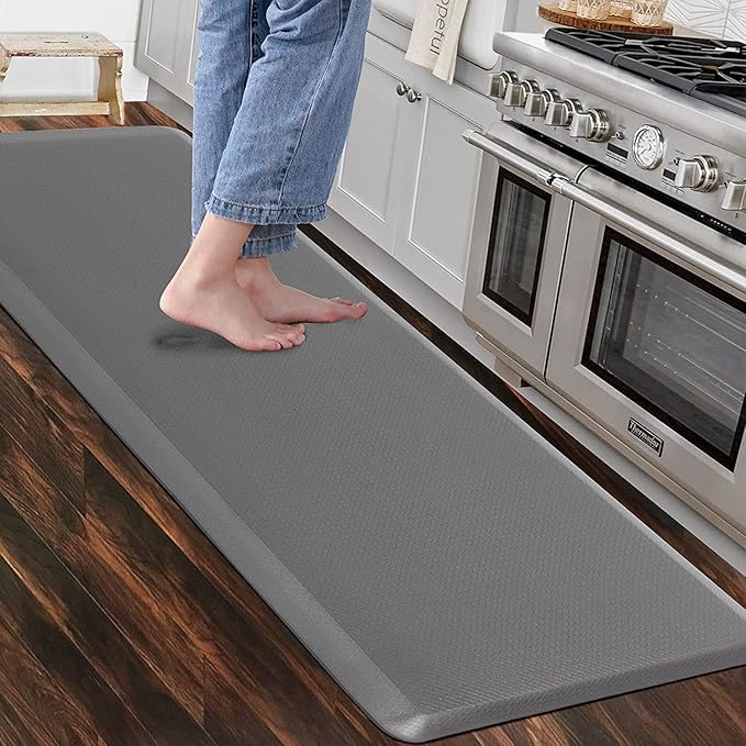 Carvapet Non Slip Kitchen Mat, 12MM Cushioned Anti Fatigue Standing Mat, PVC Waterproof Runner Rug for Kitchen, Office, Standing Desk, Grey, 17" x60