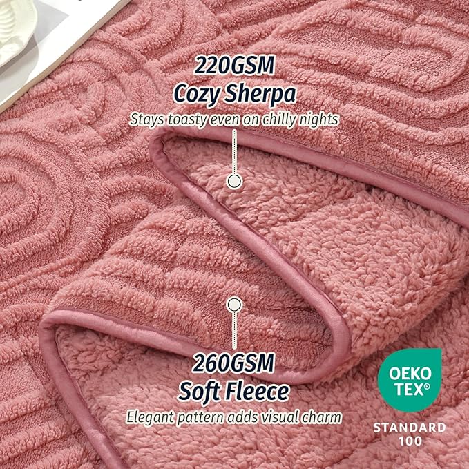 Wemore Jacquard Fleece Weighted Blanket Queen Size 60" x 80" 15lbs, Ultra Soft Cozy Sherpa Weighted Blankets for Adults, Ultra Fuzzy Heavy Blanket for Sleep, Fluffy Warm Throw for Bed, Apricot Pink