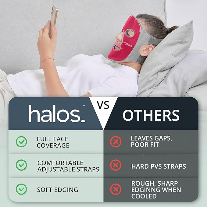 MyHalos® Ice Face Mask - Frozen Face Mask for Pain Relief, Migraine & Wisdom Tooth Surgery - Cooling Mask for Swelling, Puffiness & Stress Relief - Hot or Cold Gel Mask Cold Pack (Pink)