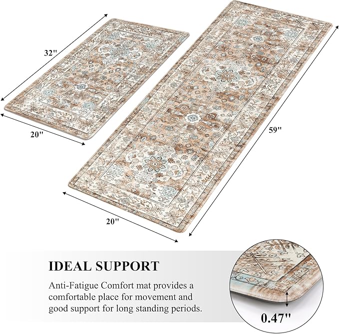 Pauwer Anti Fatigue Kitchen Mat Set - 2 Non Slip Mats, Cushioned Kitchen Rugs, Comfort Standing Mat, Farmhouse Waterproof PVC Foam Floor Mat Runner