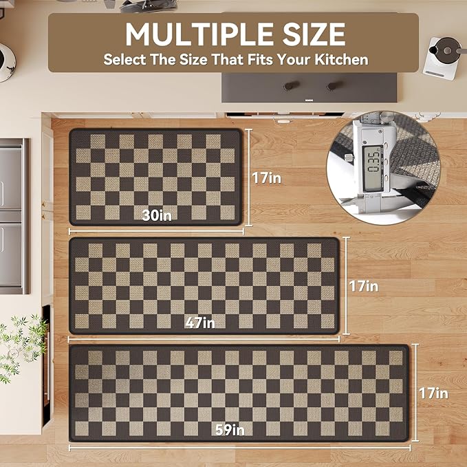 Kitchen Mats for Floor Kitchen Rugs Non Slip Washable, Super Absorbent Linen-Look Woven Kitchen Runner Rug, Sink Mat Standing Mat, Easy Clean, Black Beige Checkered 17"x59"