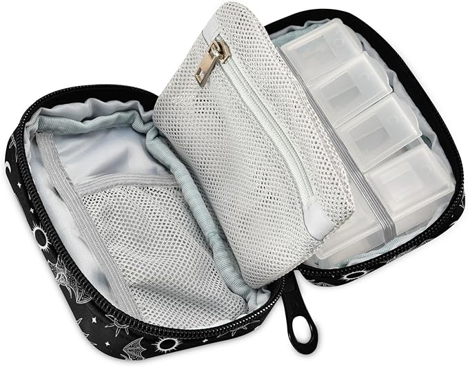 Travel Pill Organizer Bag Weekly Pill Organizer Case Bats Moons and Stars Portable Small Daily Pill Boxes for Vitamin Fish Oils Supplement Holder with Zipper Compact Size
