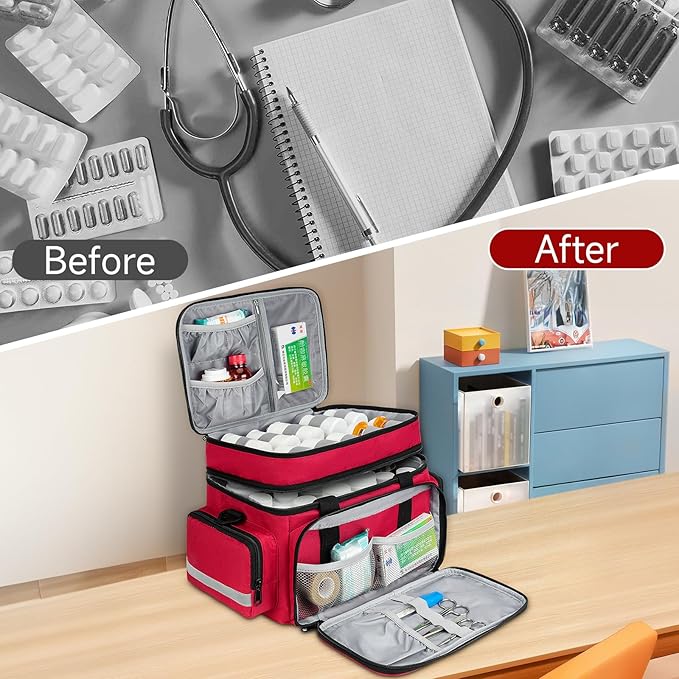 Large Pill Bottle Organizer, Double Layers Medicine Storage Bag with Lockable Zippers and Shoulder Strap,Medication Travel Bag for Prescription Bottles, Vitamins & Medical Supplies, Red (Bag Only)