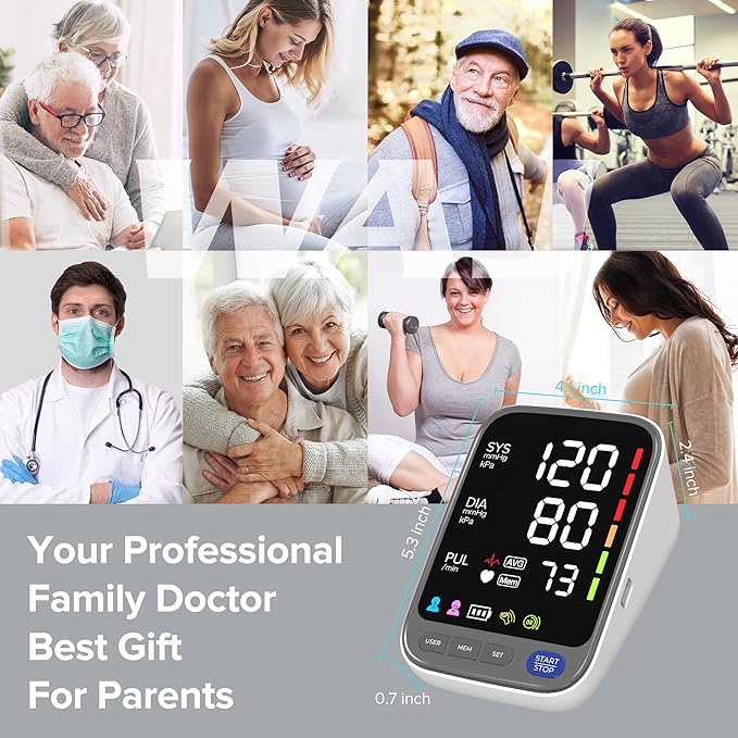 WAJ Automatic Upper Arm Blood Pressure Monitor for Home Use, 6.4 Inch LED Backlit Display, 8.6"-16.5" Adjustable Cuff, 2x120 Reading Memory, Accurate BP Machine with Hypertension Indicator, White
